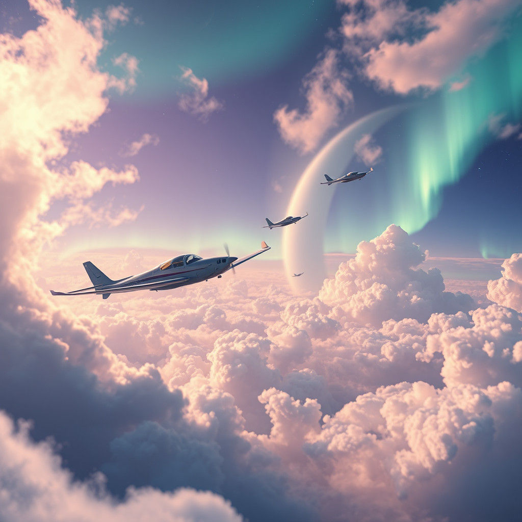 Ethereal Airplanes Soar Through Mystical Aurora Realm