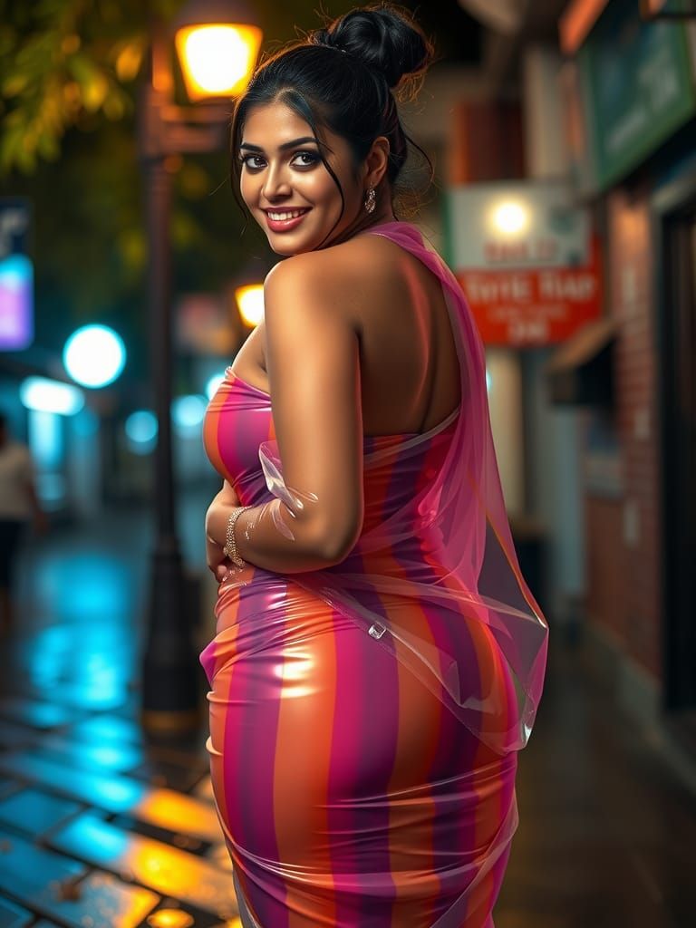 Curvy Woman in Wet Latex Saree: Futuristic Portrait