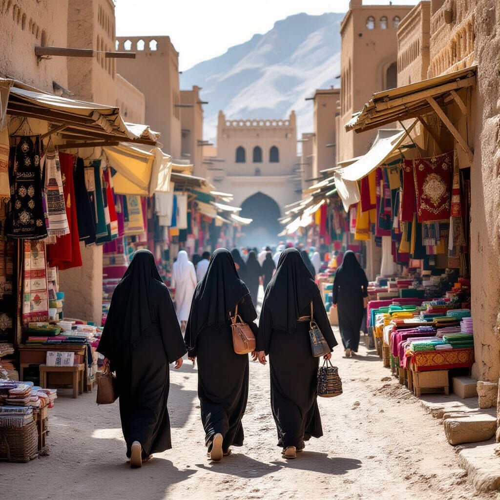 Women in Black Abayas in Ancient Yemen City