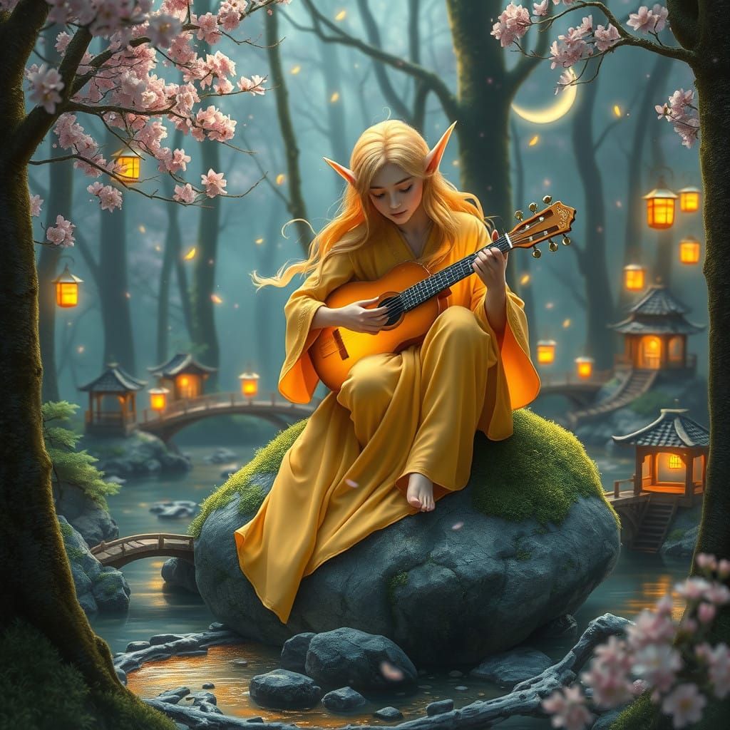 Golden Elf Musician in Enchanted Forest
