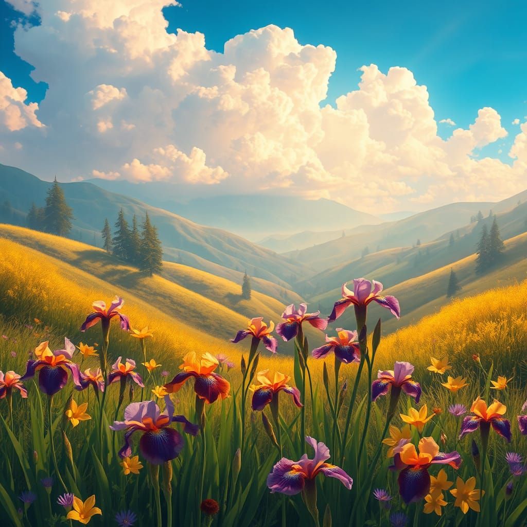 Dreamy Valley of Iris Flowers in Digital Art Style