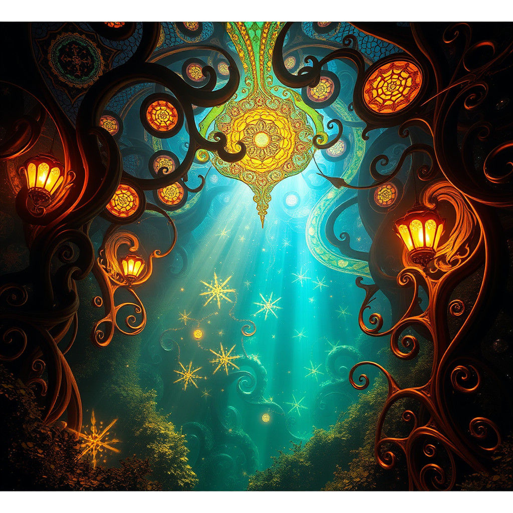 Mystical Art Nouveau Scene with Golden Lighting