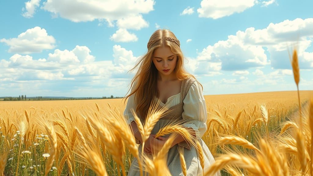 Medieval Maiden Gathering Wheat in Golden Field