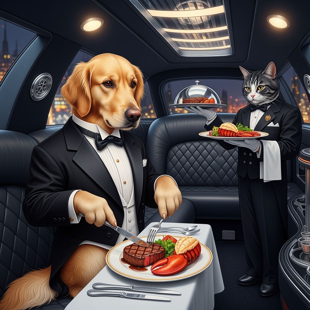 Dog in Tuxedo Savoring Steak in Limousine