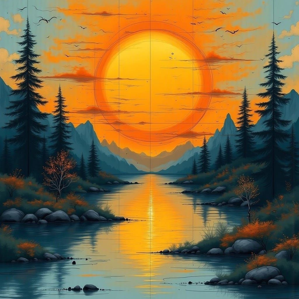Stylized Sun Design Reflected in Lake
