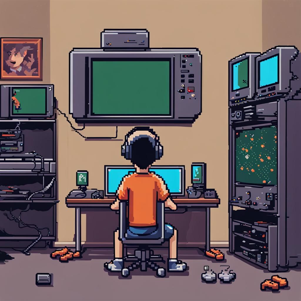 Pixel Art Gamer Immersed in Video Game World