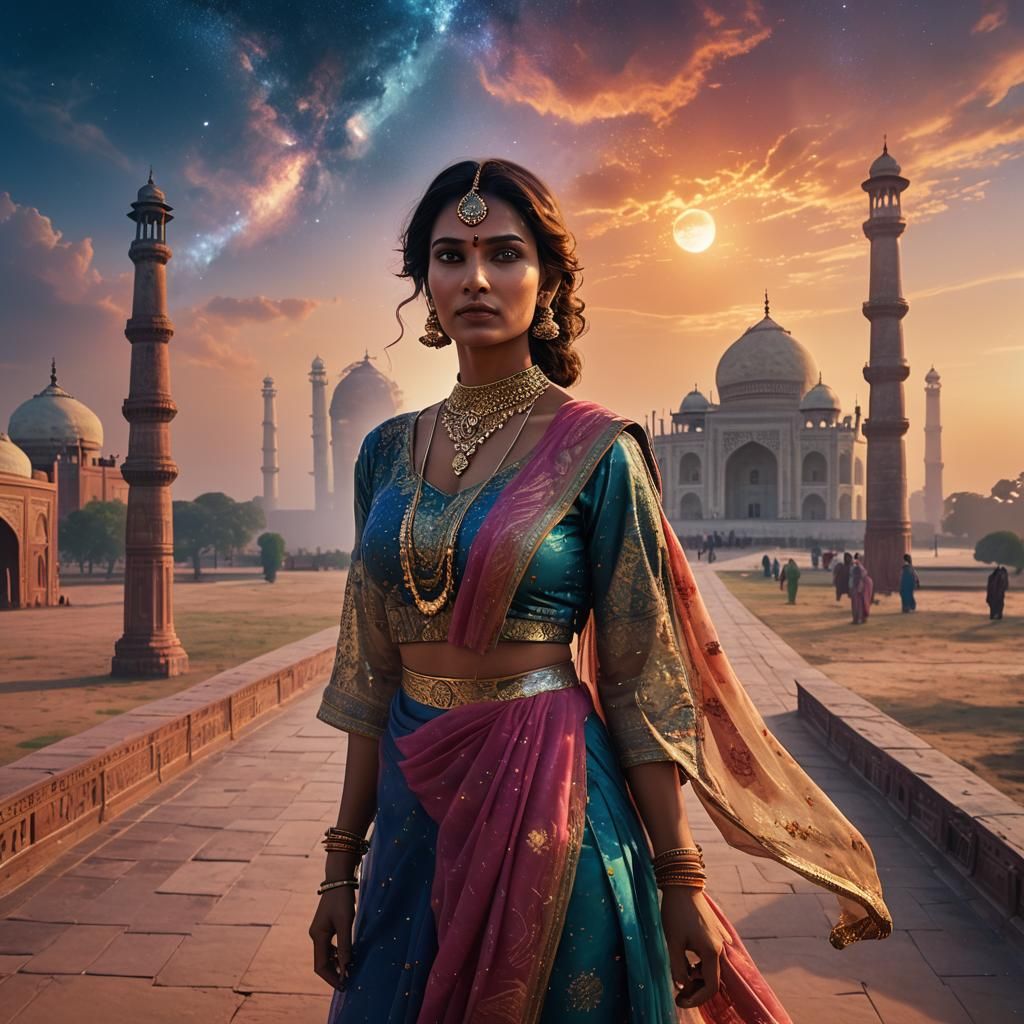 Woman in Glass Dress at Taj Mahal, Digital Art