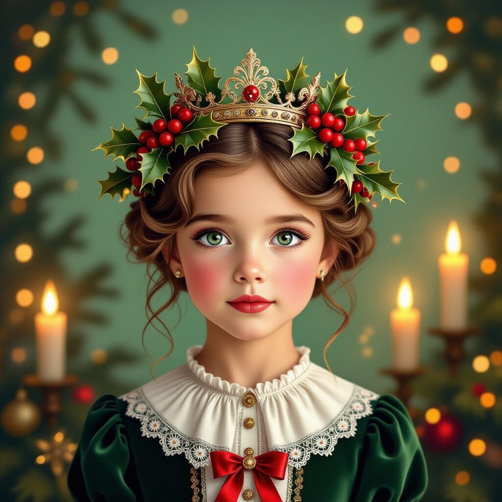 Victorian Girl in Holly Crown with Vintage Christmas Backgro...