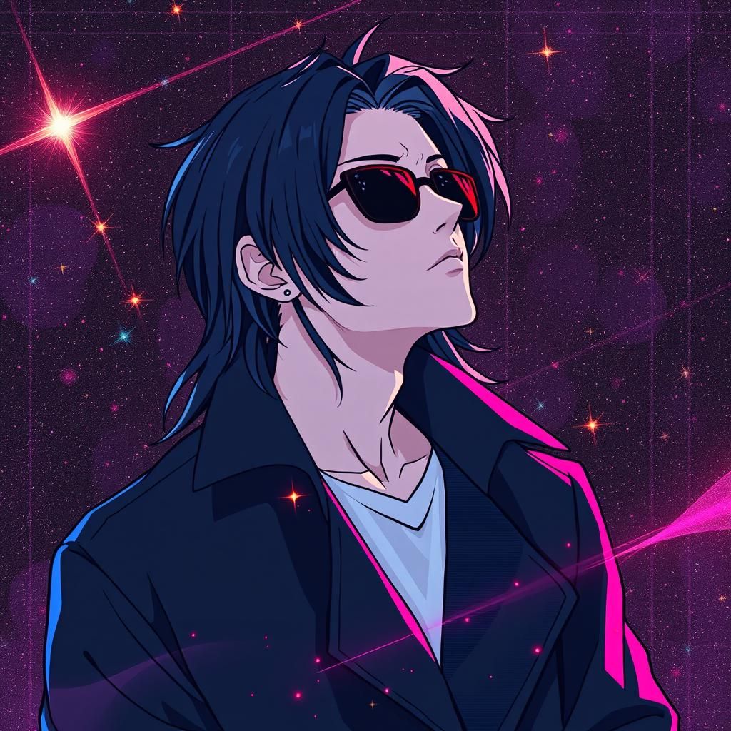 Anime Style Young Man in Abstract Constellation Glitch