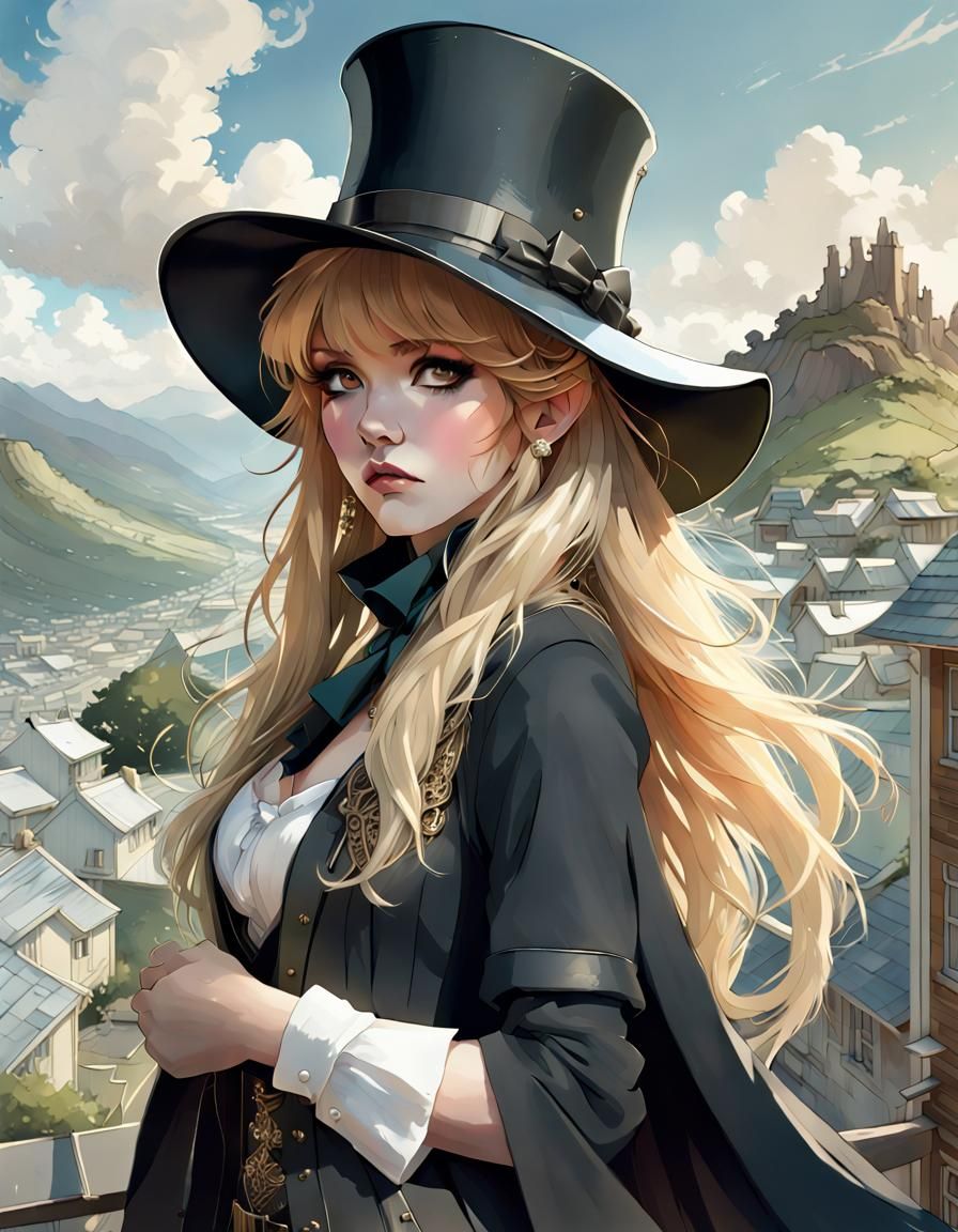 Woman in Top Hat, Manga Cityscape Illustration