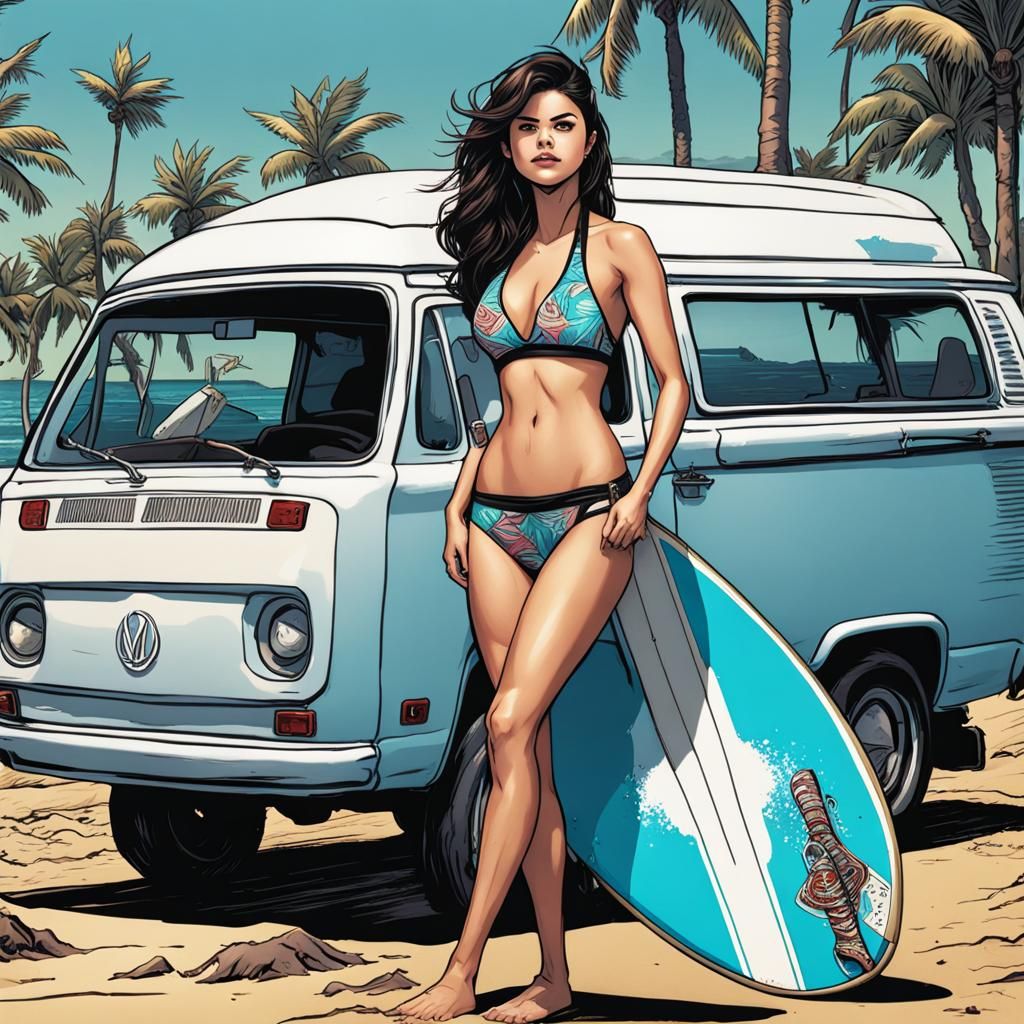 Surfer Girl in Comic Book Art Style