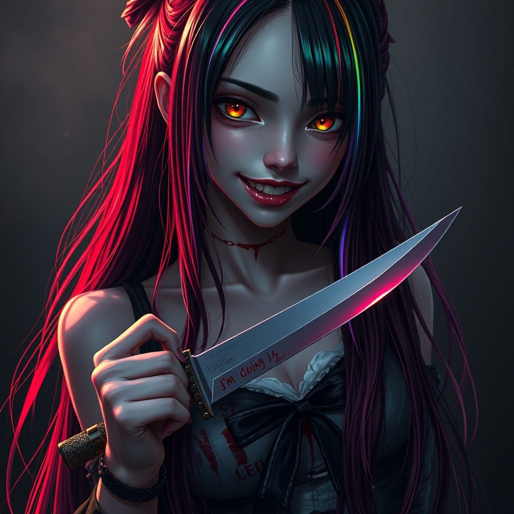Yandere Girlfriend with Bloody Knife in Art Nouveau Style