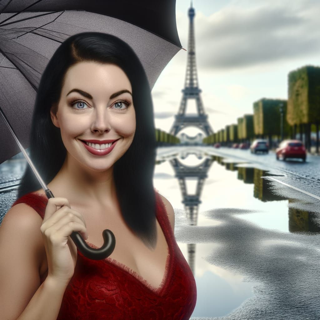 Rainy Paris: Woman with Umbrella in Matte Painting Style