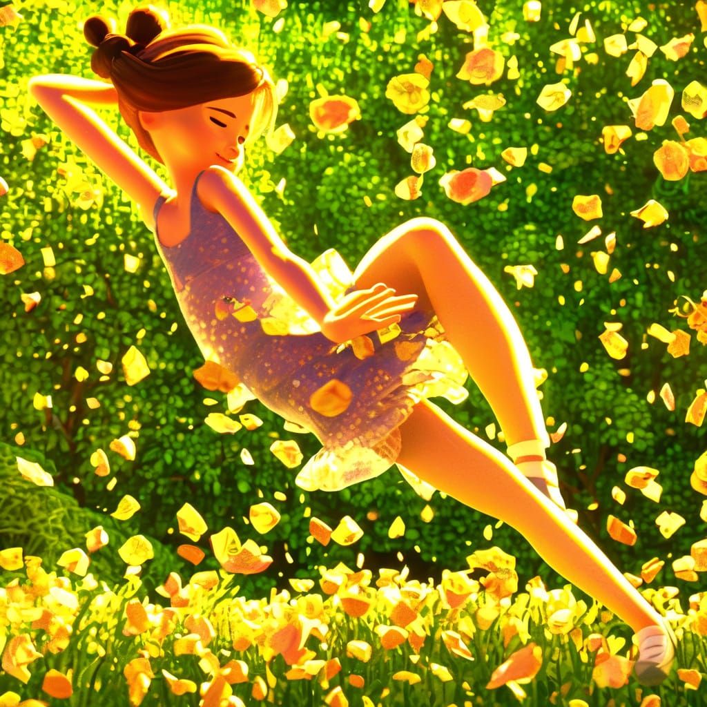 Girl Dancing in Sunlit Garden, Disney Pixar Style