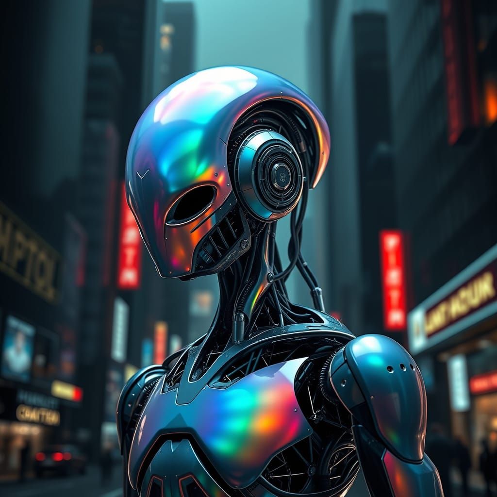 Cyberpunk Opal Robot in Dark Cityscape