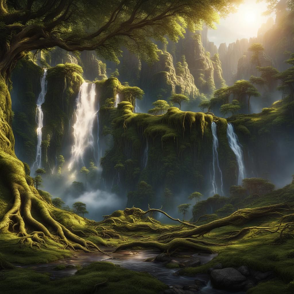 Lush Forest Scene with Waterfall in Detailed Matte Painting