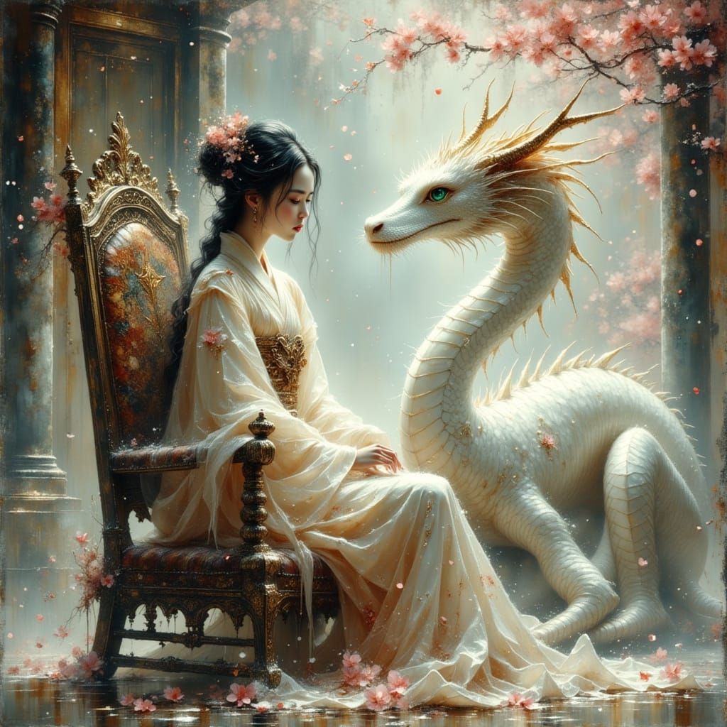 Woman on Throne with Dragon in Japanese Fantasy Scene