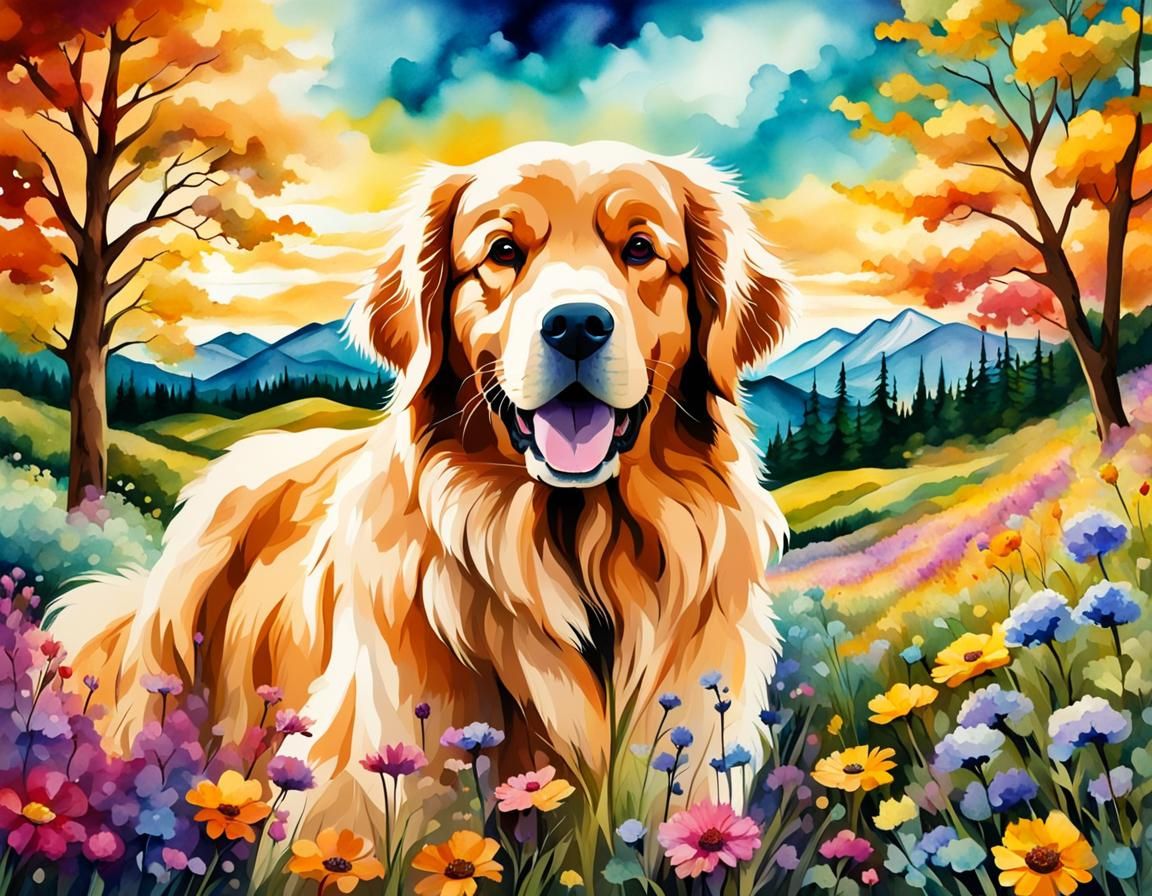 Golden Retriever in Mountain Landscape: Alcohol Ink Art