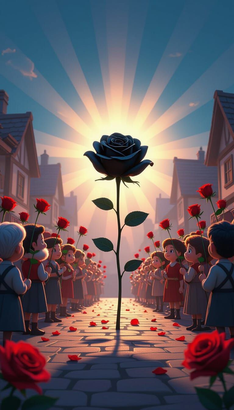 Village Square with Red and Black Roses in Concept Art Style