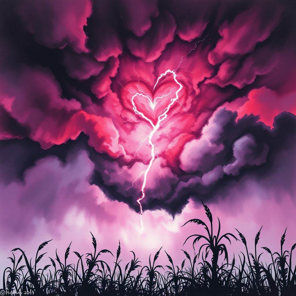 Dramatic Charcoal Stormscape with Heart-Shaped Lightning Bol...