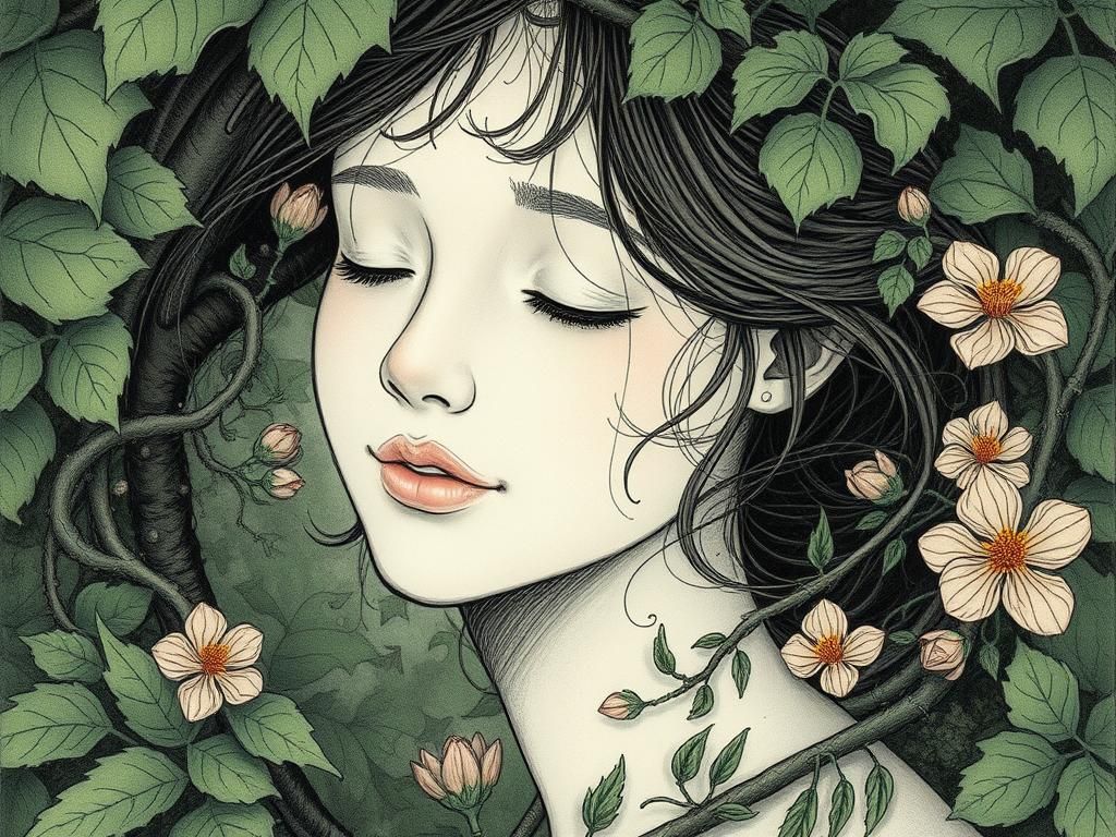 Ethereal Woman in Lush Garden: Dreamlike Illustration