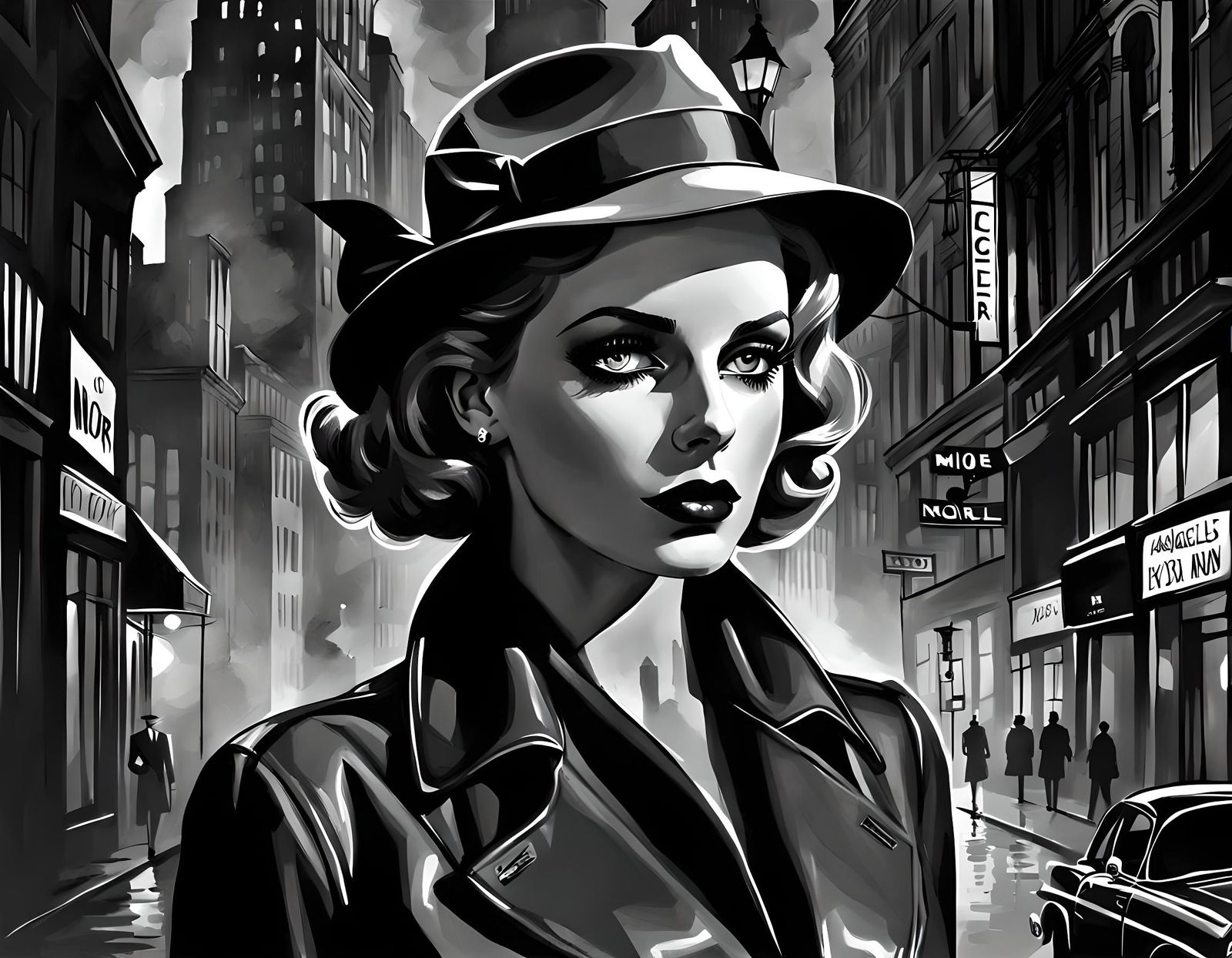 1920s Lady Detective in Noir Mixed Media Style