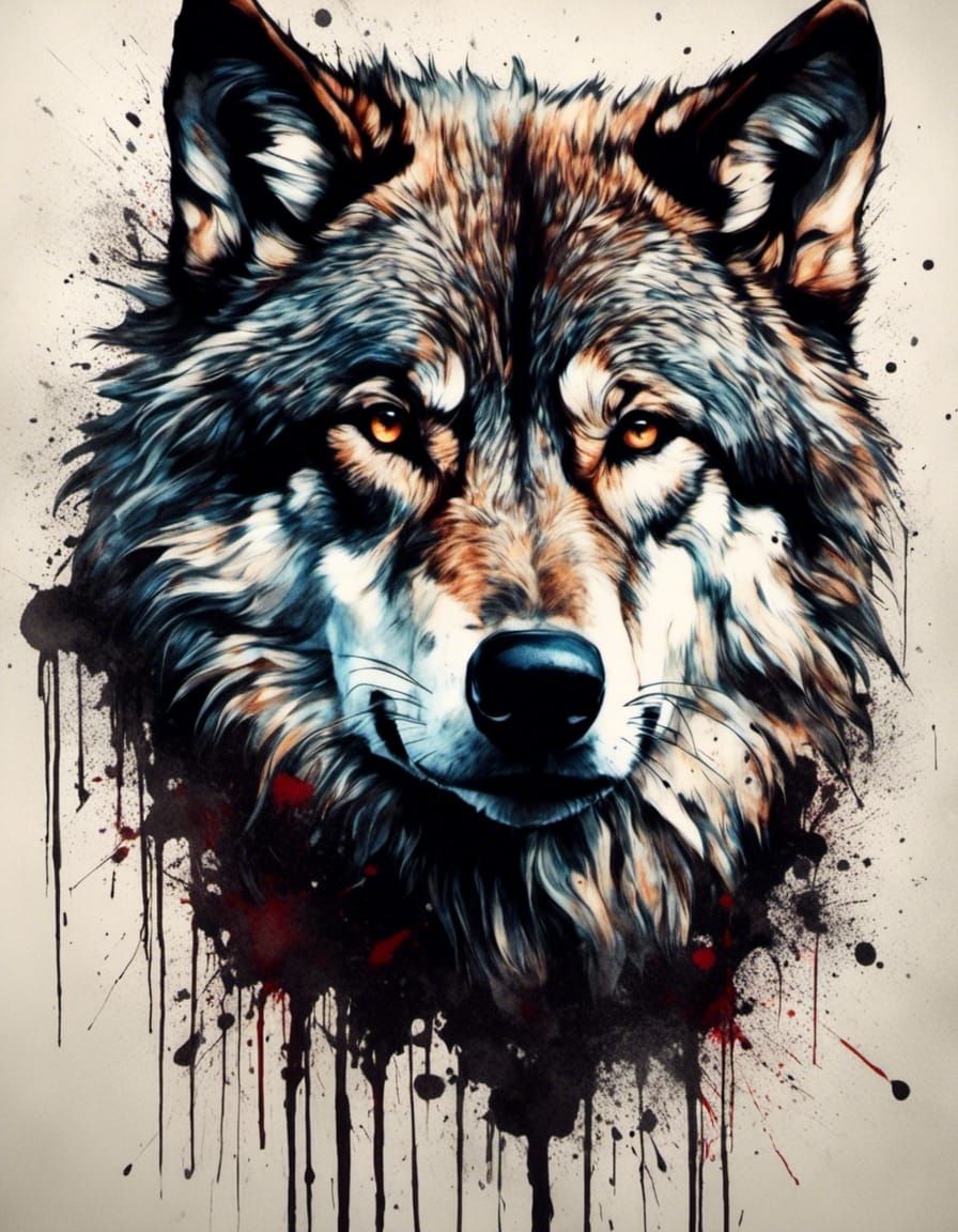 Girl and Scarred Wolf in Ink Splatter Art