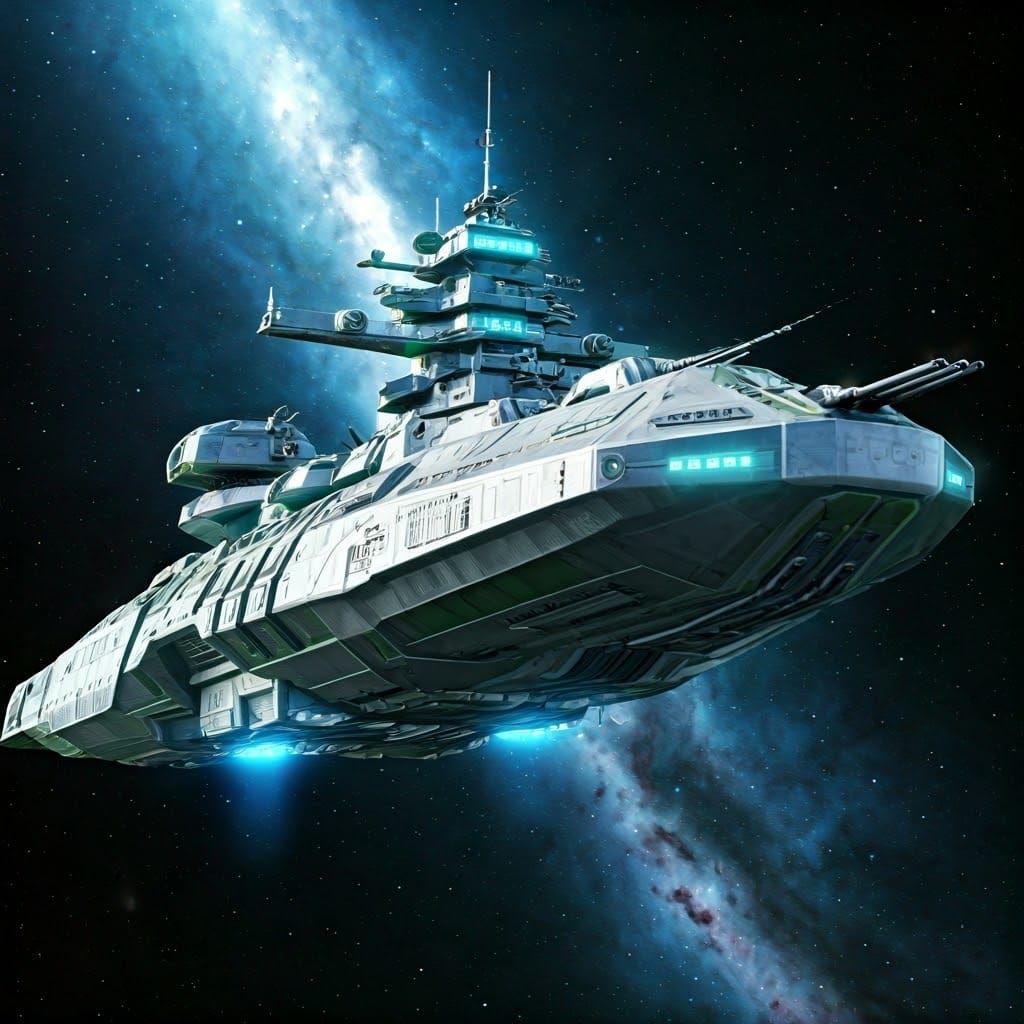 Silver Space Warship Against Starry Nebula