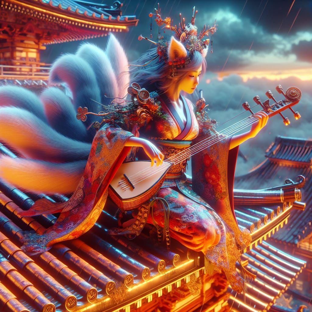 Kitsune Musician on Temple Roof in Renaissance Style