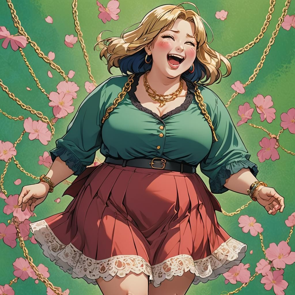Anime Comic Art: Plump Woman in Red Skirt