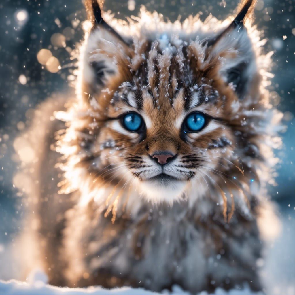 Fluffy Lynx Cub with Glassy Eyes in Snowstorm