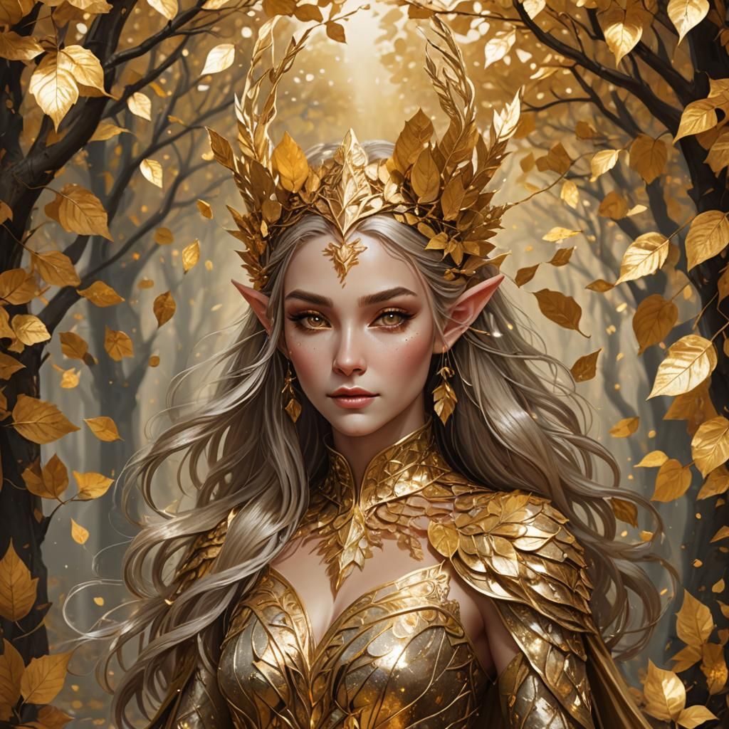 Elven Girl in Gown of Golden Leaves