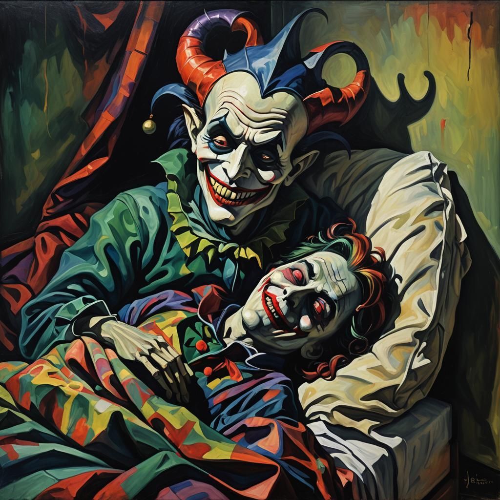 Sinister Jester Watching Sleeping Person in Dark Surrealism