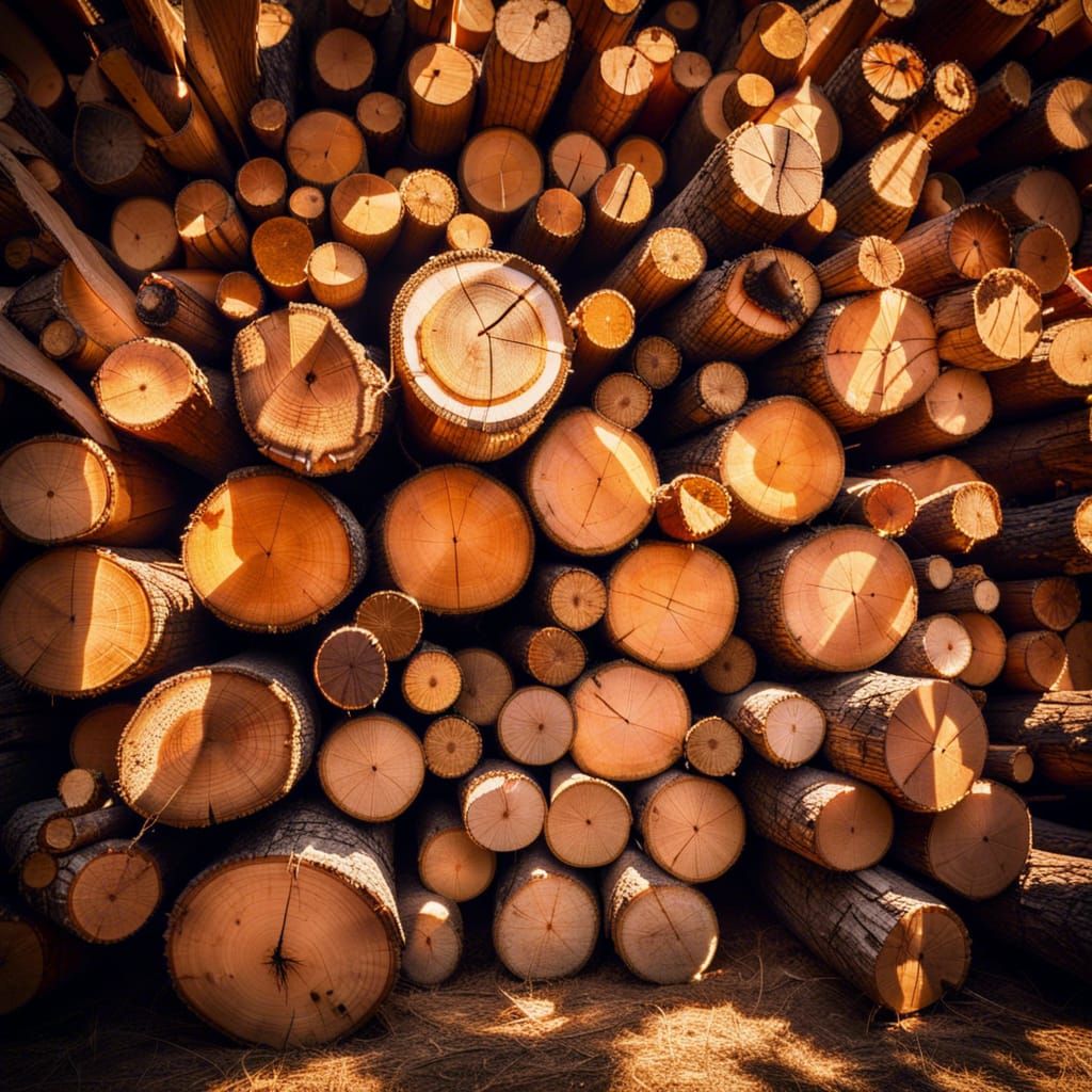 Sunlit Woodpile in Forest Clearing