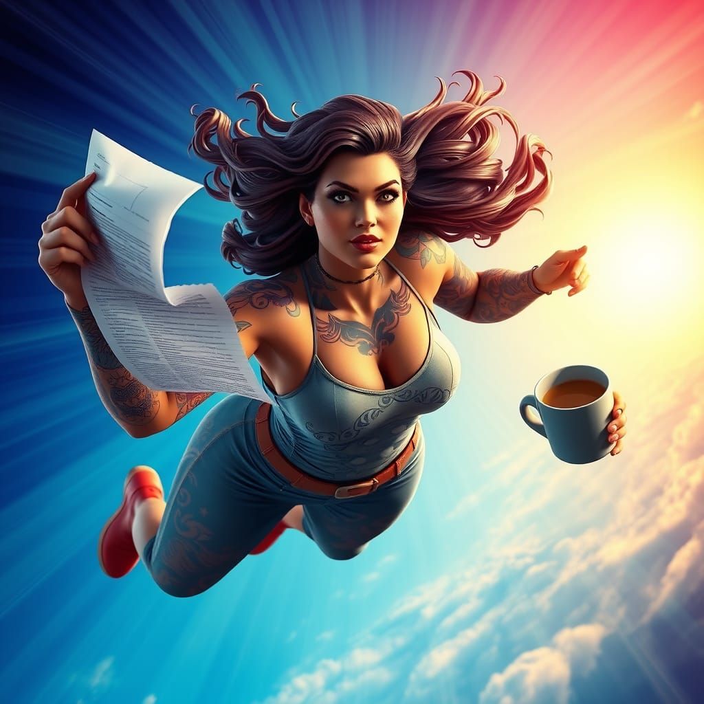Curvy Superhero Woman Soars Through the Sky with Coffee and ...