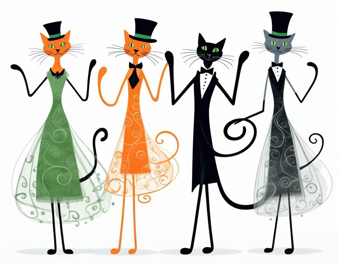 Whimsical Dancing Cats in Ethereal Fantasy Art