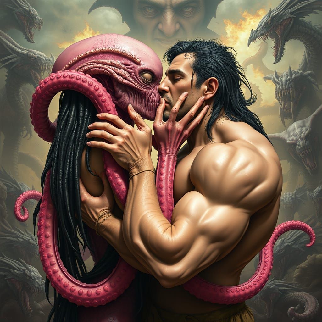 Alien Octopus Kisses Conan in Surreal Landscape