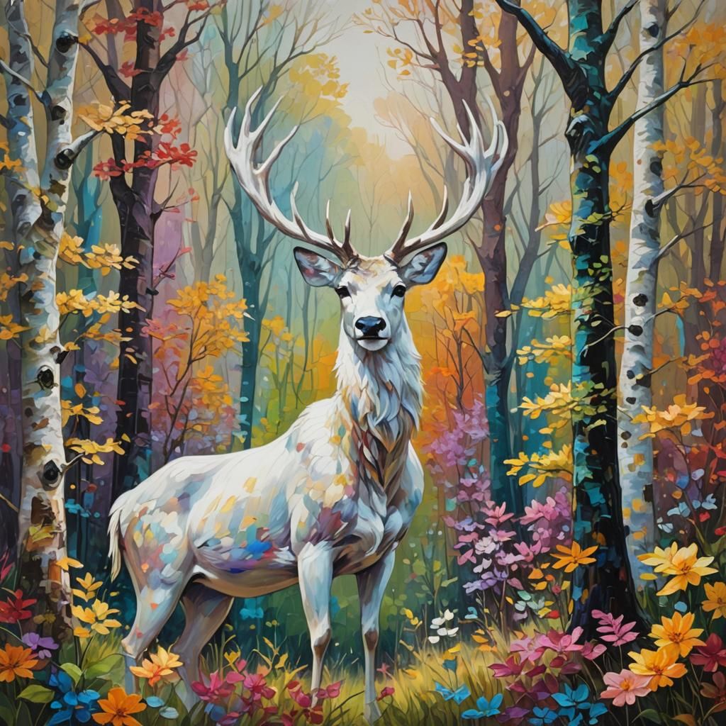 White Stag in Enchanted Forest: Impressionist Oil Painting