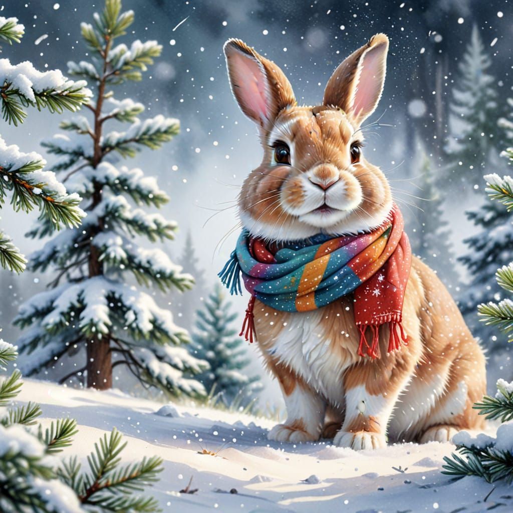 Winter Wonderland with Cute Bunny and Dog