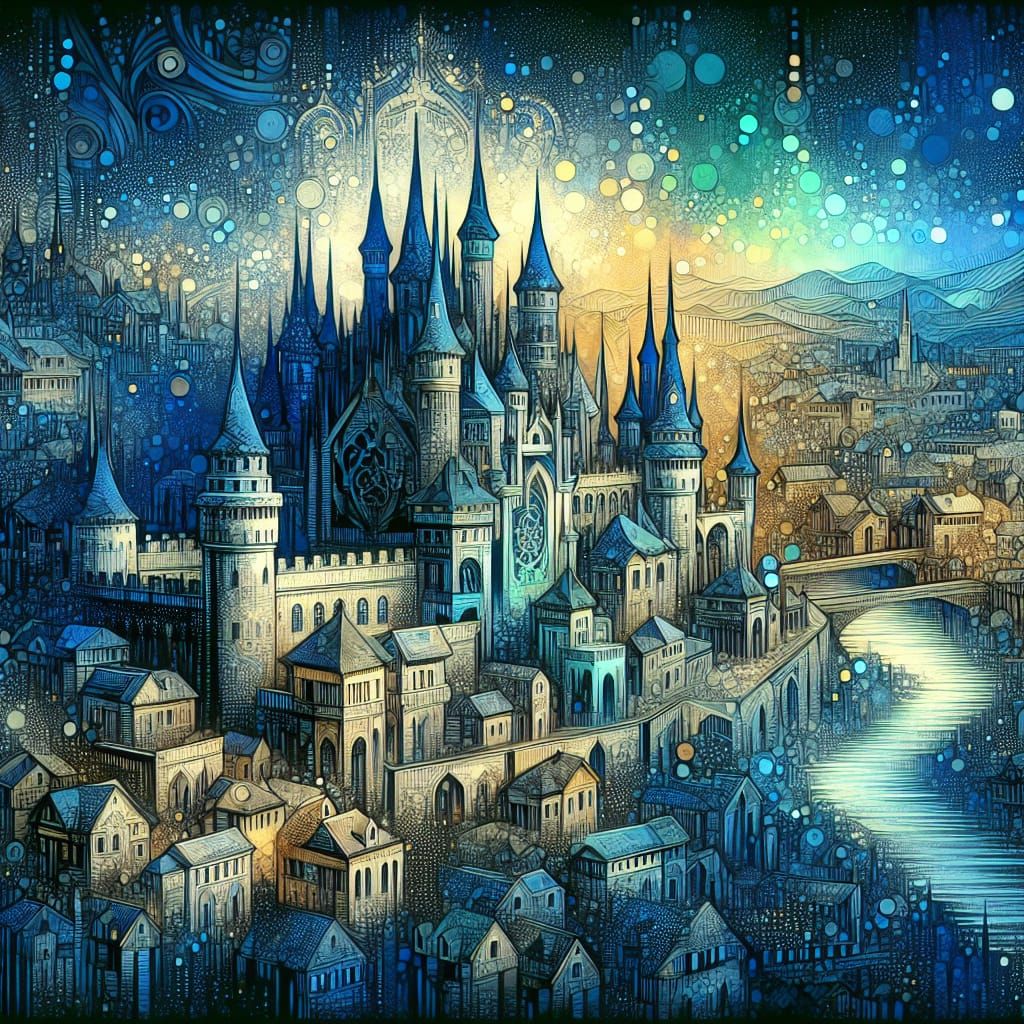 Enchanted Medieval Castle in Fantasy City Illustration