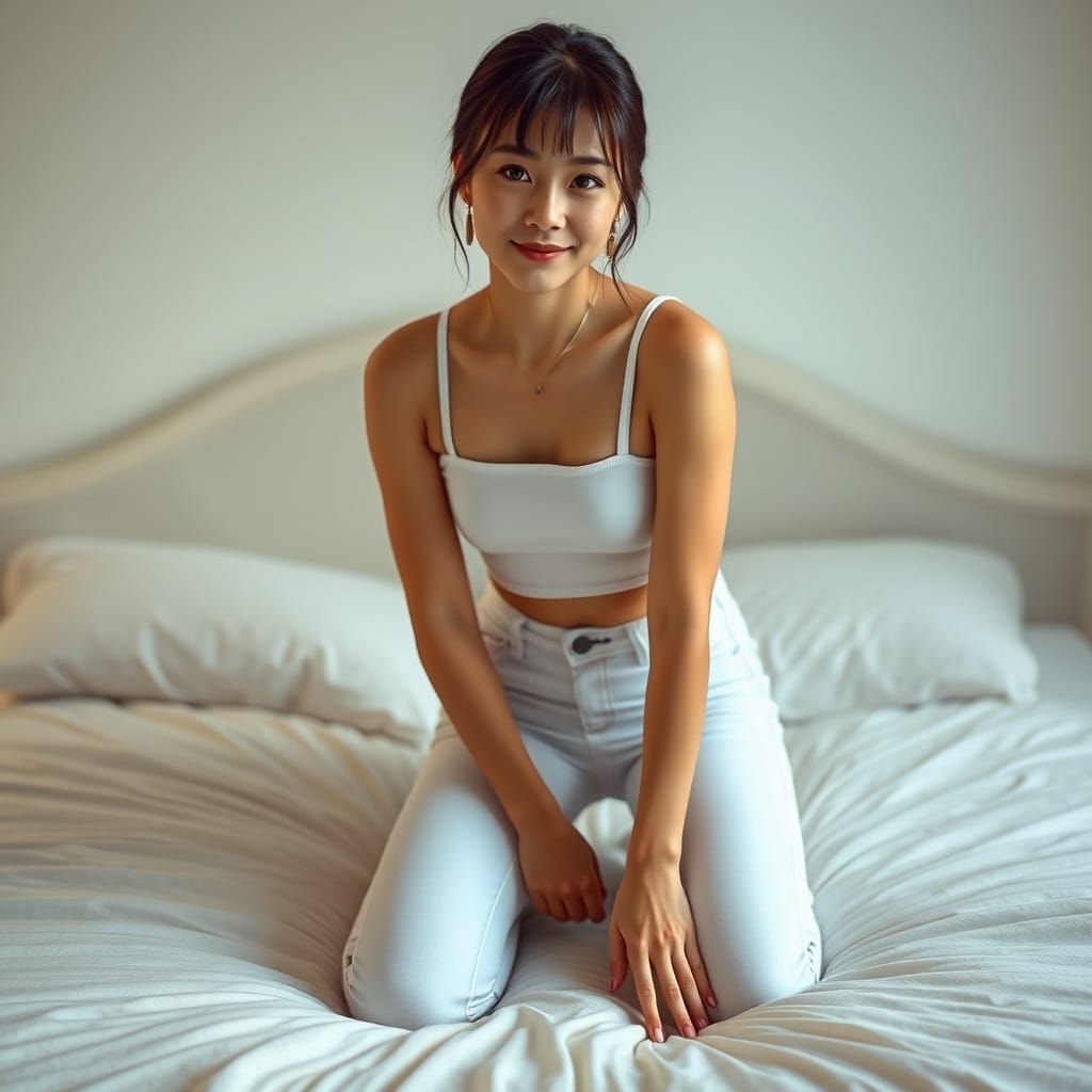 Cute Japanese Woman Kneeling on Bed in Hyper-Realistic Style