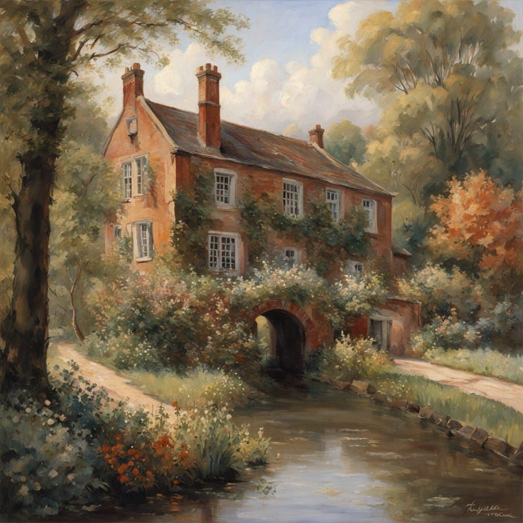 An old English brick mansion with white moldings and pediments stands proudly amidst a lush, overgrown garden. The mansi...