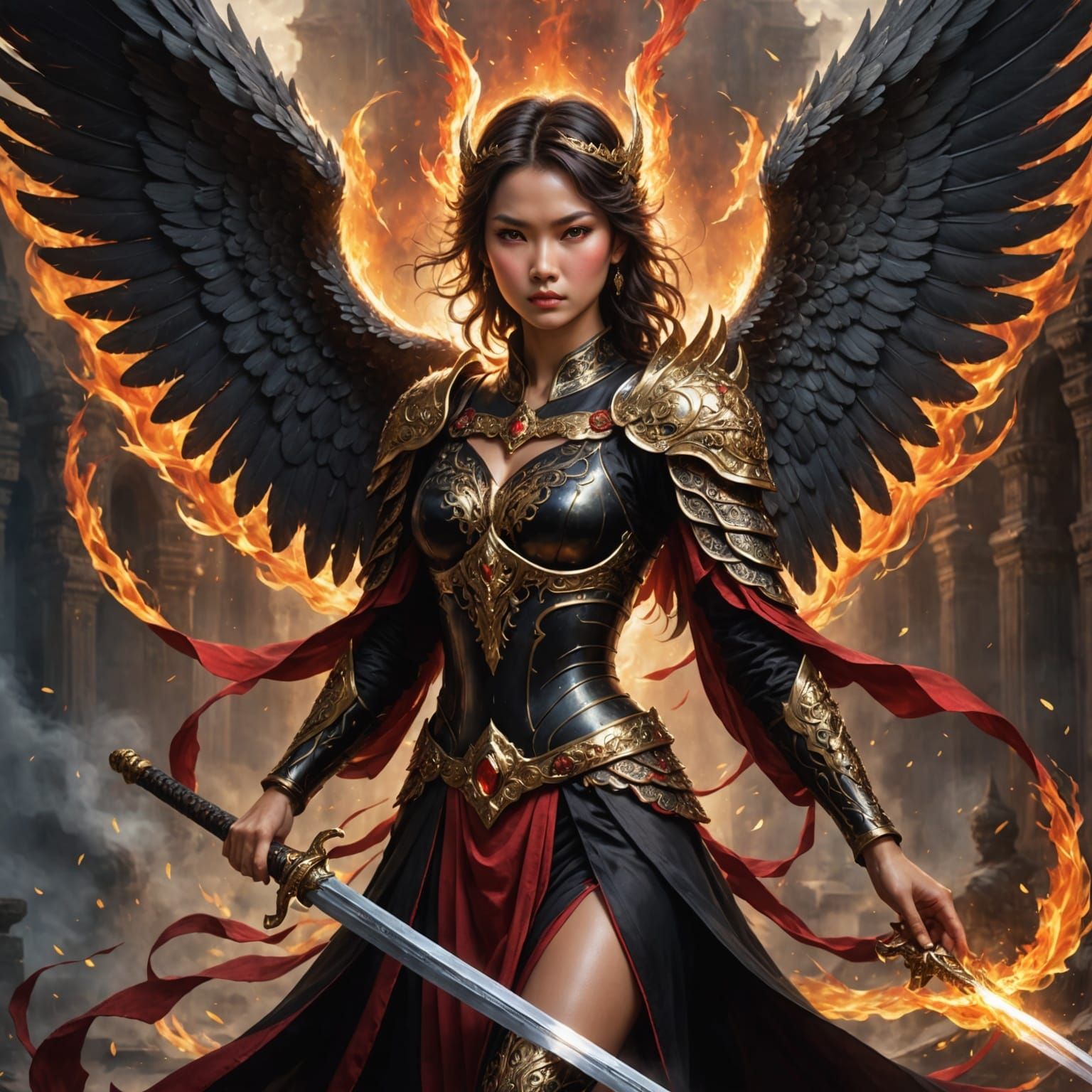 Thai Warrior Angel with Fiery Gaze and Gossamer Wings