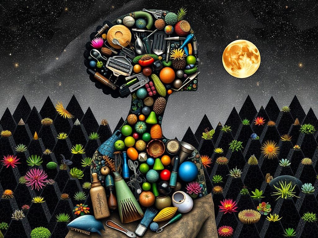 Surreal Landscape with Kitchen-Tool Woman in a Cosmic Contex...