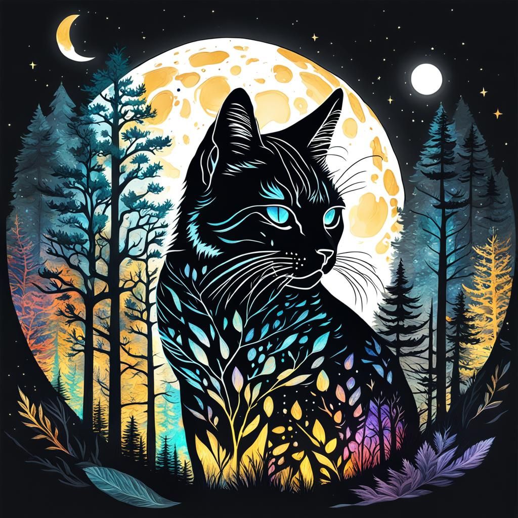 Moonlit Forest Cat Silhouette Double Exposure Art