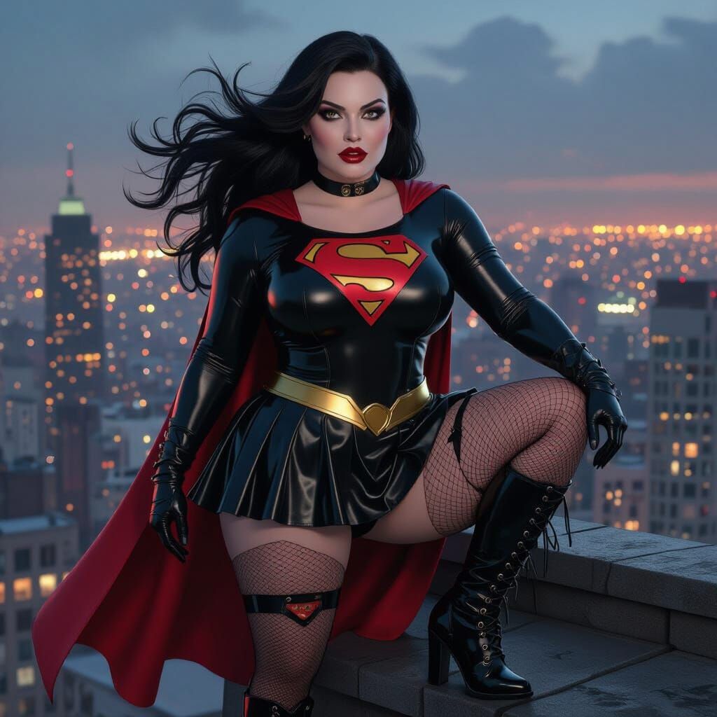 Goth Supergirl Perched on Rooftop in Hyperrealistic Style