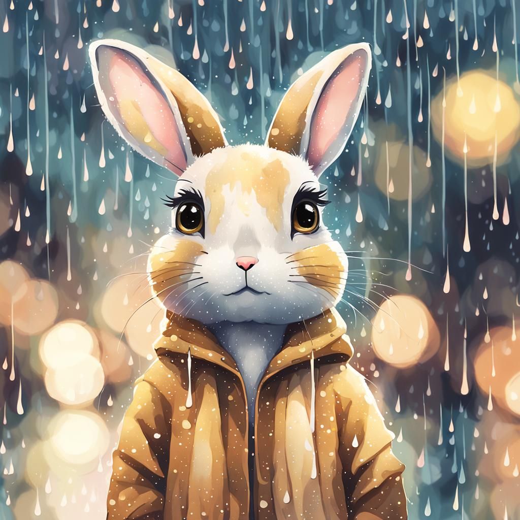 Whimsical Fantasycore Portrait of a Rain-Soaked Bunny