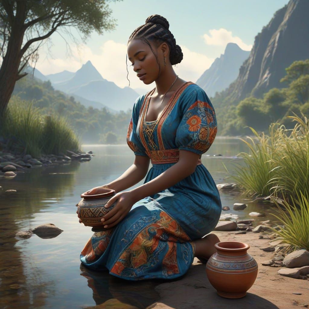 Young Black Woman in Serene River Landscape with Traditional...