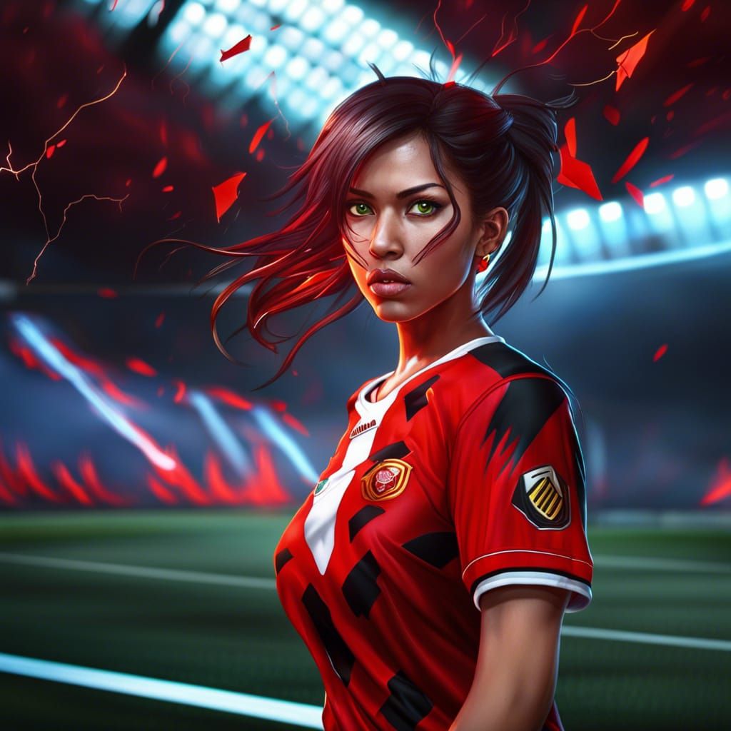 Fiery Manga Soccer Girl Portrait in Red and Black