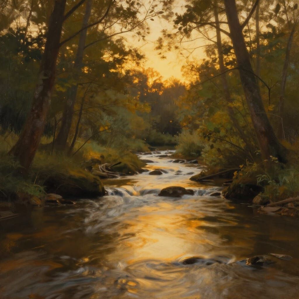 Golden Hour Stream Reflecting Amber Light in Forest